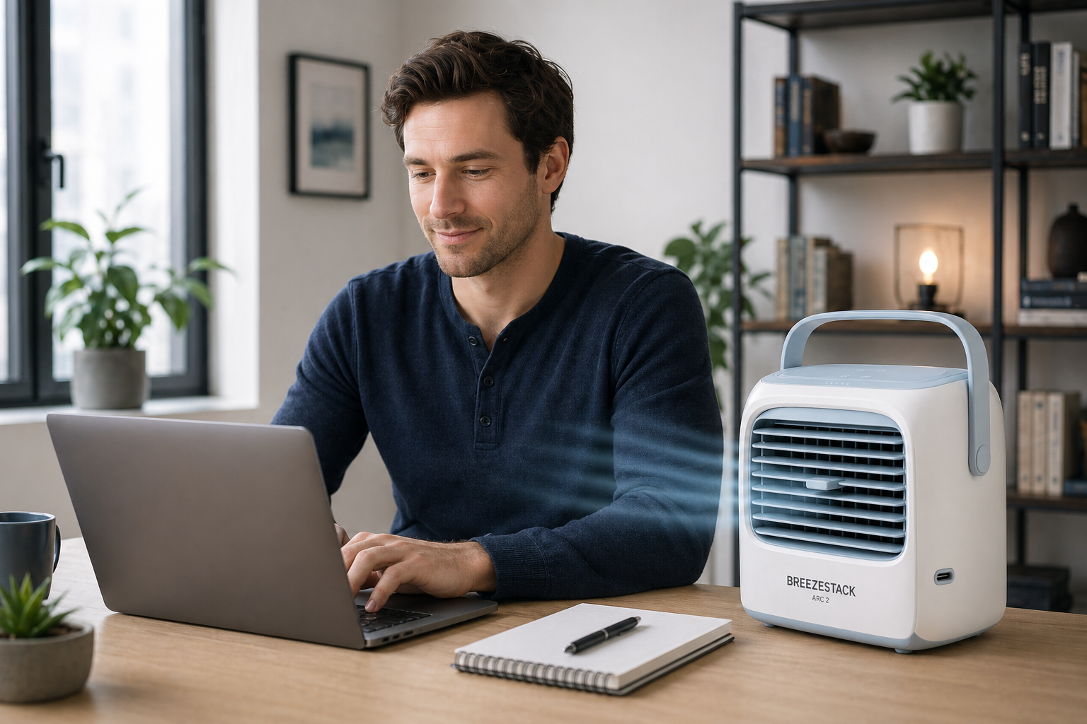 BreezeStack Arc 2 on a home office desk near a laptop